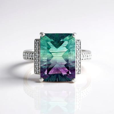 Cavill - 925 Sterling Zilveren Ring - 7,38 ct Braziliaanse Meer kleurige Fluoriet - Concaaf Achthoek - Elegante Pavé Zirkonia Sieraden