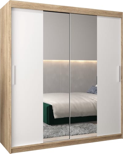 InspireMe - Kledingkast met 2 schuifdeuren, Modern-stijl, Kledingkast met planken (BxHxD): 180x200x62 - TORM I 180 Sonoma Eik + Wit Mat