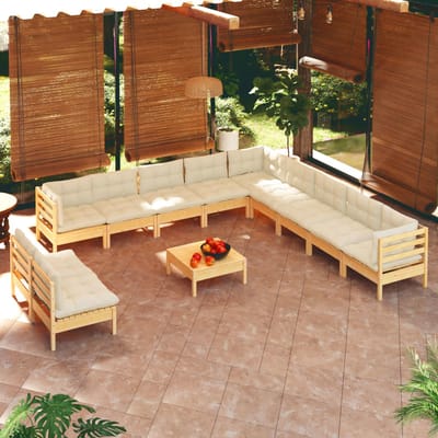 vidaXL - 12-delige - Loungeset - met - crèmekleurige - kussens - grenenhout