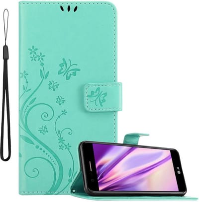 Cadorabo Hoesje geschikt voor LG K10 2018 / K11 / K11 PLUS in BLOEMEN TURKOOIS - Beschermhoes in bloemmotief met magnetische sluiting, standfunctie en kaartsleuven Book Case Cover Etui