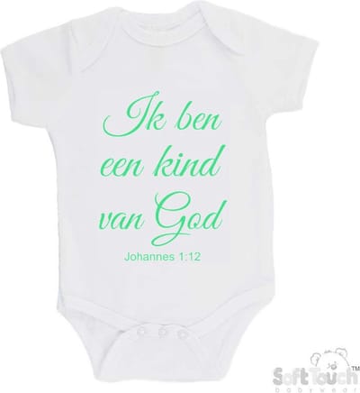 100% katoenen Romper "Ik ben een kind van God Johannes 1:12" Unisex Katoen Wit/mint Maat 56/62