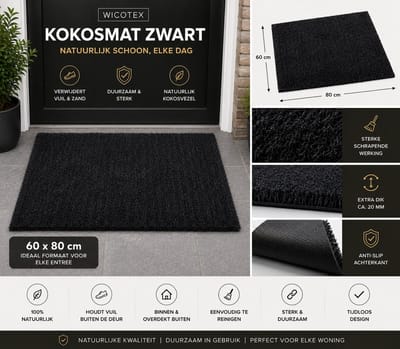 Kokosmat - Deurmat - Kokosmat - Schoonloopmat - Kleur zwart - Afmeting 60x80cm