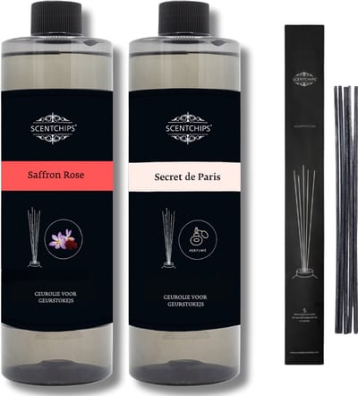 Navulling saffron rose + secret de paris + geurstokjes - Geurstokjes Navulling Set van 2 + 5 Geurstokjes - Geurverspreider - Luchtverfrisser - Huisparfum - 400ml x 2