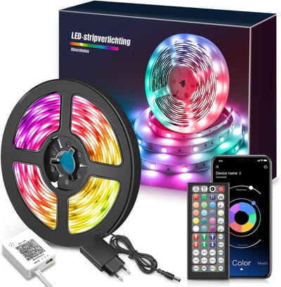 Aura® RGB LED Strip 15M - Bluetooth Verlichting met Afstandsbediening & App - Muzieksynchronisatie - Blauw - ‎1500cm x 1000cm x 100cm