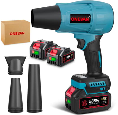 ONEVAN Accu Bladblazer 21V - Handblazer 300 m/s - Borselloze Motor - met 2x Accu's & 4x Sproeiers - Elektrische Stofblazer - voor blad/sneeuw/stof/koolstof/zaagsel