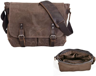 KZQ Heren schoudertas en briefcase - Vintage echt leer en gewaxte canvas - Stevige messenger bag - Koffiebruin