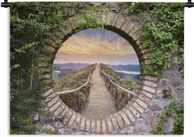 Wandkleed - Wanddoek - Brug - Zee - Doorkijk - Zomer - 120x90 cm - Wandtapijt