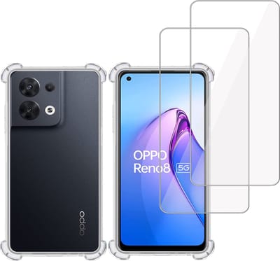 Hoesje + 2x Screenprotector geschikt voor OPPO Reno 8 – Tempered Glass - Extreme Shock Case Transparant
