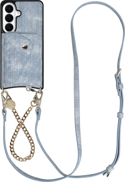 AVY Hoesje geschikt voor Samsung Galaxy S26 Plus | Met Koord en Kaarthouder | Compatibel met MagSafe | Kunstleren Case met Polsand & Crossbody Koord & Wallet | Gold Denim Set | Denim