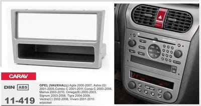 1-DIN OPEL Agila 2000-2007, Astra (G) 2001-2005, Combo (C) 2001-2011, Corsa (C) 2000-2006,  Tigra 2004-2009,  Vectra (C) 2002-2008, Vivaro 2001-2010  w/pocket (Silver) afdeklijst / installatiekit Audiovolt 11-419