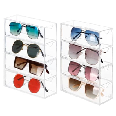 Dailygoods- Zonnebril Organizer met 4 Lades - Brillenkoker / Brillendoos - Set van 2 - Doorzichtig Plastic - Stapelbare Bril Organizers - Bescherming tegen Krassen - Brillenhouder