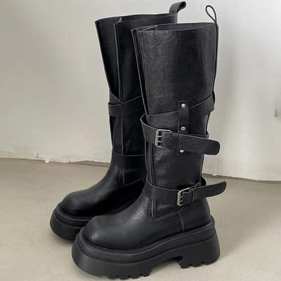 Vintage Dikke Bodem Vrouwen Kniehoge Laarzen Mode Riemgesp Ritsen Schoenen Vrouwelijke Ridder Lange Booties Schoenen 39 black