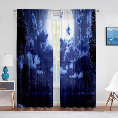 Nachthemel Volle Maan en Mistige Wolken met Zee Oceaan Tule Gordijnen voor Woonkamer Slaapkamer Transparant Voile Keukenvijngordijn 1 PCS W100XH250cm&Grommet Top