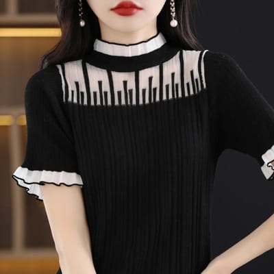 Halfhoge kanten kraag Holle Houten Oor T-shirt Halflange mouwen Lente en Herfst Top Basis Shirt Kanten Kraag Om Je Slanker Te Laten Lijken Vest XXL zwart