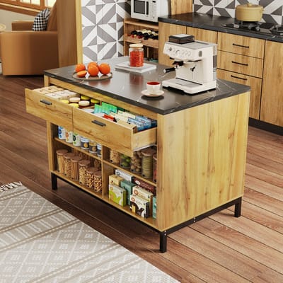 Wishdor Keukeneiland met Ontbijtbar - 2 Lades en 4 Planken - Zwart Marmerlook en Eiken - 120x75x90 cm