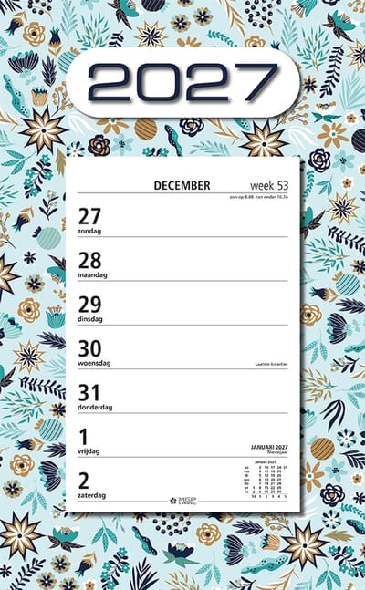 MGPcards - Week Scheurkalender 2027 - Week begint op zondag - 21 x 34 cm - Blauw - Bloemen