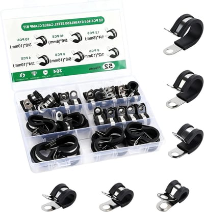 Gevoerde kabelklemmen van roestvrij staal in zwart - 6 maten (6 mm, 8 mm, 10 mm, 13 mm, 16 mm, 19 mm) - Met rubberen bekleding