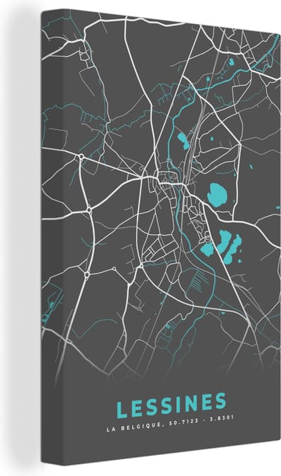 Canvas Schilderij België – Lessines – Stadskaart – Kaart – Blauw – Plattegrond - 20x30 cm - Wanddecoratie