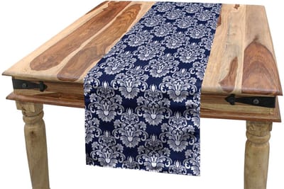 ABAKUHAUS tafelloper – bloemrijk damast marineblauw – 40×180 cm