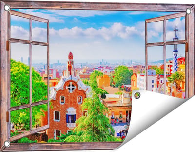 Gards Tuinposter Doorkijk Park Güell in Barcelona - Kleurrijk - 60x40 cm - Tuindoek - Tuindecoratie - Wanddecoratie buiten - Tuinschilderij