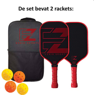 Pickleball Set – Pickleball Paddles/Rackets – Peddel – Padel – Padel Rackets – 18K Carbon – Inclusief Tas en Ballen – Inclusief Tas/Cover – Zwart – Rood