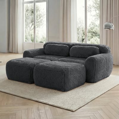 REDOM Modulaire 2-zits L-vormige frameloze hoekbank van pluche – Loungebank met diepe zit – Montagevrij en minimalistisch – Voor woonkamer – Grijs – 204x179x73 cm