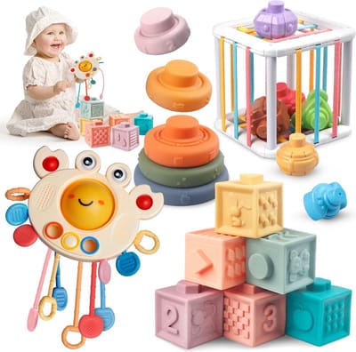 Kraftverdia® - Montessori speelgoed-Babyspeelgoed-Zintuiglijk speelgoed-Educatief speelgoed-Trekkoord, Stapelkubus, Stapelringen-Cadeaus voor baby's