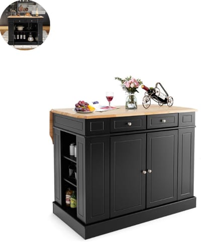 Keukeneiland - Verplaatsbaar - Keukenkast - Dressoir - Organizer - Kasten - Houten Werkblad - 2 Deuren - Zwart