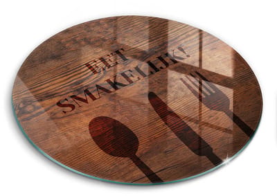 Wallfluent Glazen Snijplanken - Motief: Eet smakelijk! Snijplanken Glas - fi40 cm - Bruin Snijplanken van Glas - Keuken Snijplank Glas - Hygiënische Snijplank van Glas - Antislip Hakplank van Glas
