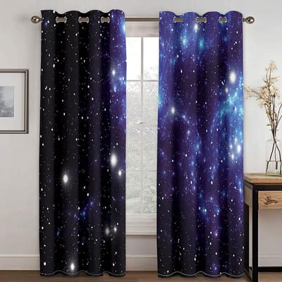 Cosmic Galaxy Printing Star Gordijn Woonkamer Slaapkamer Gordijn Woondecoratie Gordijn Volwassen kinderen W50H130(CM)x2&Hook blue