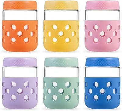 Overnight havermoutglazen 480 ml met siliconen mouwen, BPA-vrij en lekvrij, perfect voor chia, pudding en muesli, 6 stuks