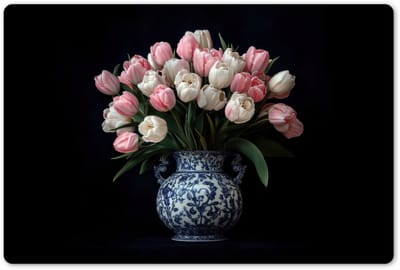 Placemats 45x30 cm - Placemat kunststof - 1 stuk - Bloemen - Roze - Tulpen - Vaas - Borden onderleggers - Decoratie voor op tafel - Keuken tafeldecoratie accessoires - Vinyl onderlegger - Tafelversiering