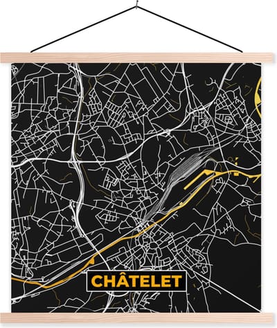 Posterhanger incl. Poster 40x40 cm - Schoolplaat - Stadskaart - Plattegrond - Goud - Châtelet - Kaart - Textielposter - Blanke latten - Stadskaart