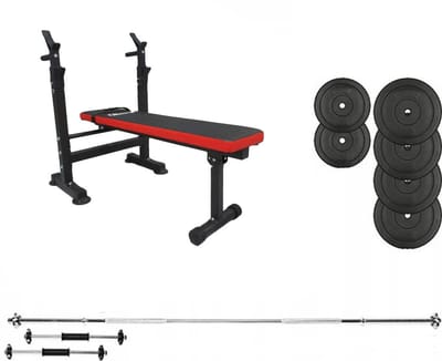 Halterbank INC. 50 kg GEWICHTEN - Sportbank - Fitnessbank + halterschijven + 2 dumbbells + halterstang recht - multifunctioneel - volledig instelbaar – Opklapbaar