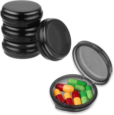 5 Packs Kleine Pillendoos Reiskoffer - Draagbare Ronde Pillenhouder voor Handtas en Reistas - Organisator voor Medicijnen en Vitamines (Zwart)
