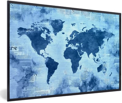 Poster in lijst - Fotolijst 90x60 cm - Posters - Wereldkaart - Blauw - Krant - Posterlijst zwart - Decoratie - Wanddecoratie woonkamer - Muurdecoratie slaapkamer