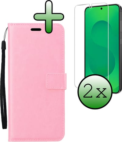 Hoesje Met 2x Screenprotector - Geschikt voor Samsung Galaxy S25 - Luxe Pasjeshouder - Bookcase Portemonee - Flip Case - Kunstleer Book Case - Flipcase Hoes - Book Cover - Walletcase - Portemonneehoes - Lichtroze