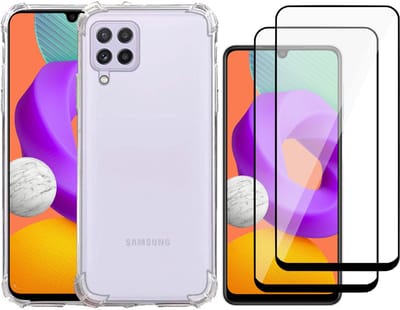 Hoesje geschikt voor Samsung Galaxy M22 - Transparant Backcover Shockproof Case + 2x Glas Full Screen Screenprotector