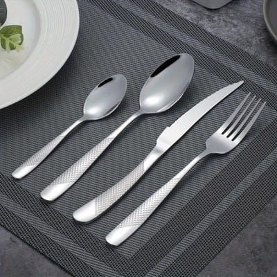 Ensemble de 4 couverts en acier inoxydable, couteau à steak et fourchette à dessert, cuillère, convient à toute la famille argenté