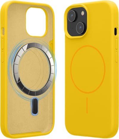 kwmobile Telefoonhoesje voor Apple iPhone 15 - Hoes met siliconen randen en magnetische achterkant compatibel met MagSafe, in stralend geel
