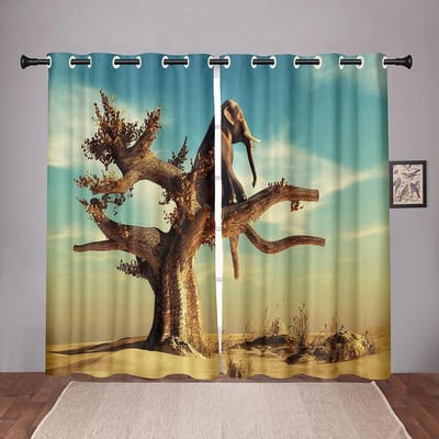 Natuur Hert Dier Bos Groen Boom Verduisterende Raamgordijn voor Slaapkamer Woonkamer Badkamer Keuken Deur Hal Hoge Verduistering W55 X H120cm X 2&Grommet Top black