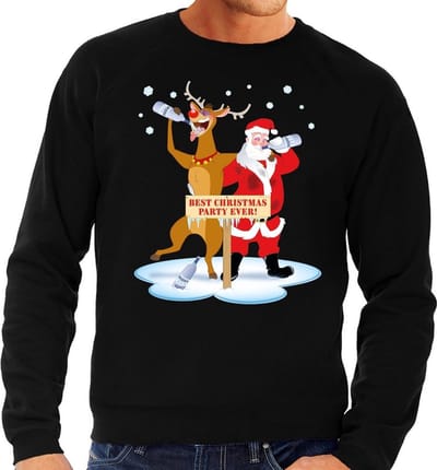 Bellatio Decorations Foute kersttrui - sweater - dronken kerstman - en rendier Rudolf - na kerstborrel - zwart - voor heren - Kersttruien S
