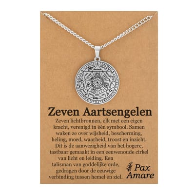 Aartsengelen Ketting op Cadeau Kaartje - Zilverkleurig - 7 Engelen Talisman / Medalion - Beschermengel - Engelen Hanger - 60cm