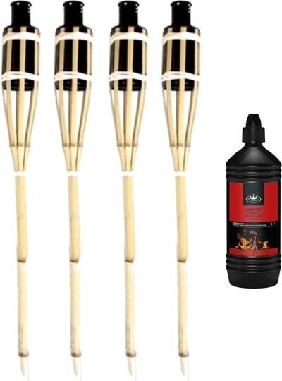4x stuks Bamboe fakkels safe 60 cm - Inclusief 1 liter lampenolie/fakkelolie