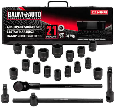 BaumAuto BM-6212-5MPB Serie - Dopsleutelset - 3/4'' Aandrijving - 17-50mm - 21-delige Set