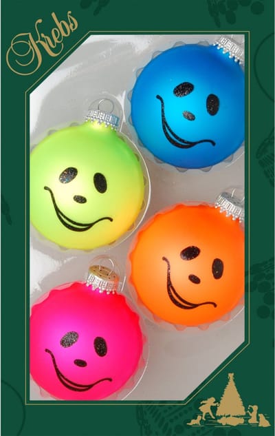 Krebs Kerstballen 4x stuks glas 7 cm neon Smile Emoticon - kerstdecoratie - kerstboomversiering