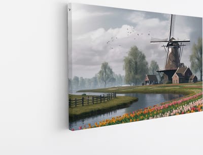 Saammp Canvas Schilderij - Tulpen met molen - Natuur - Landschap - 45x30 - Foto op canvas - Wanddecoratie - Muurdecoratie Woonkamer - Slaapkamer decoratie - Canvas Print