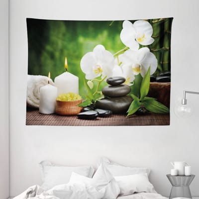 ABAKUHAUS Spa Wandtapijt en Sprei, Stenen en Orchideeën, 150 x 110 cm, Groen en Zwart