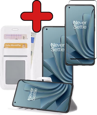 Hoesje - Met Screenprotector - Geschikt voor OnePlus 10 Pro - Luxe Pasjeshouder - Flipcase - Bookcase Portemonee - Flip Case - Kunstleer Book Case - Book Cover - Walletcase - Portemonneehoes - Telefoonhoes - Wit
