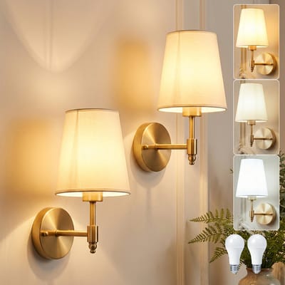 Rosnek Set van 2 Moderne Wandlampen voor binnen Goud - 3 Lichtkleuren Muurlamp met Witte Stoffen Lampenkap - E27-fitting - Hotel Chique Bedlampje voor Slaapkamer - Badkamer - Woonkamer